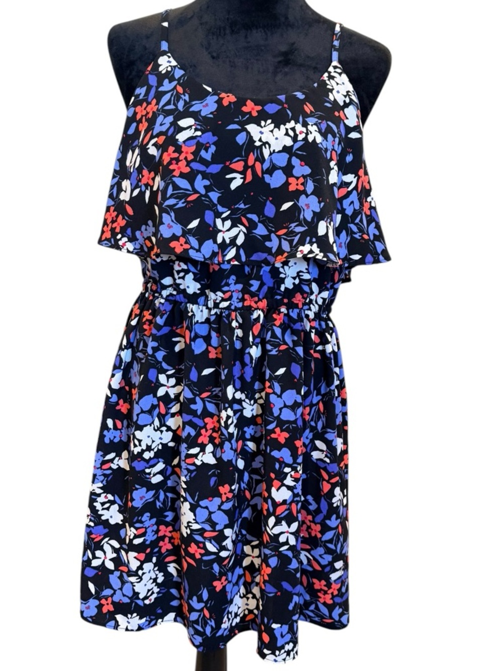Elle Black Dress Blue Orange Floral Tiered Print Spaghetti Strap Summer Medium